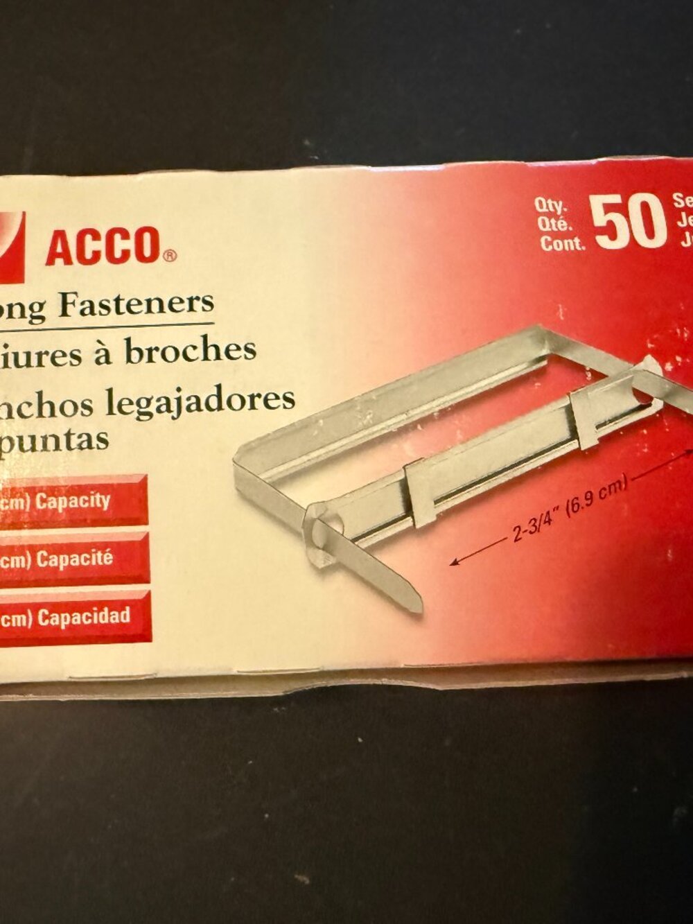 ACCO Standard Two-Piece Paper File Fasteners 2" Capacity 2 3/4" Center Open Box